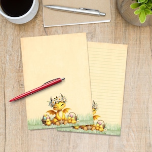 Yellow Easter Dragon A5 letter writing paper, Pen pal supplies, Stationery lined or unlined letter sheets, Cute notepaper with/without lines