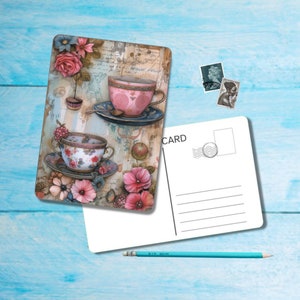 Floral Tea Postcard set of 5, A6 size postcard with rounded corners, beautiful illustrated postcrossing postcard 14.8 cm x 10.5 cm zdjęcie 3