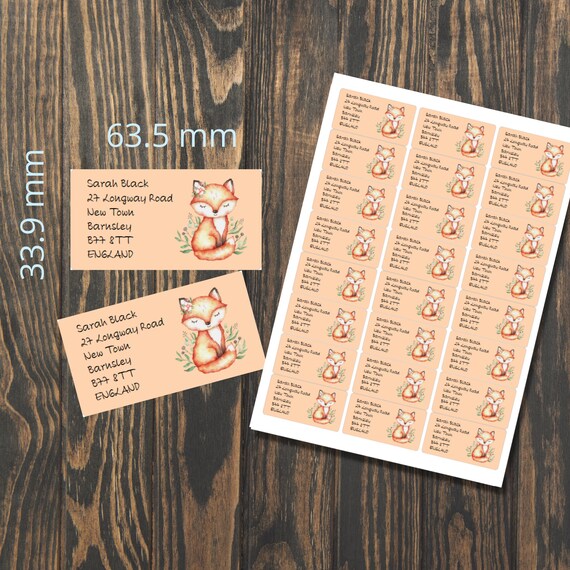 Flora Fox self adhesive return address labels, 24 labels per sheet, 63.5 x 33.9 mm rectangular stickers with rounded corners
