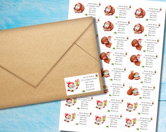 Santas Coming self adhesive return address labels, 24 labels per sheet, 63.5 x 33.9 mm rectangular stickers with rounded corners