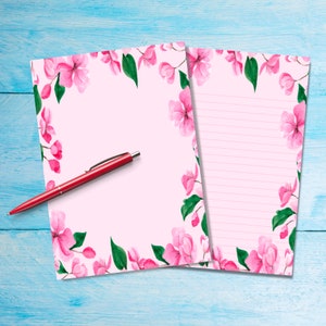 Papel para escribir cartas tamaño A5 con borde de flor de cerezo, suministros para amigos por correspondencia, hojas rayadas o sin rayar, lindo papel para notas con o sin líneas