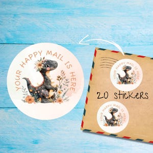 Peachy Dino stickers pack, Cute individually cut round matte happy mail labels, Pen pal supplies to decorate envelopes