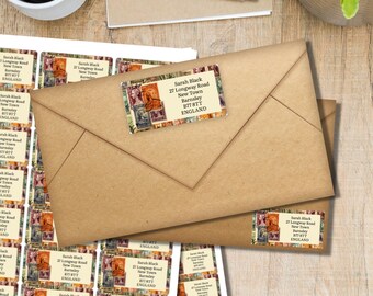 May include: Kraft paper envelopes with address labels featuring vintage postage stamp designs. The labels include the text "Sarah Black, 27 Longway Road, New Town, Barnsley, B77 8TT, ENGLAND."
