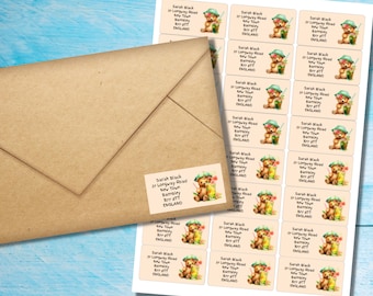 Teddy at the beach self adhesive return address labels, 24 labels per sheet, 63.5 x 33.9 mm rectangular stickers with rounded corners