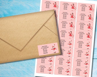 Étiquettes d'adresse adhésives Red Flower Girls, 24 étiquettes par feuille, rectangulaires 63,5 x 33,9 mm avec coins arrondis