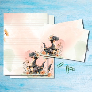 Peachy Dino stationery set, A5 letter writing paper with matching envelopes, Snail mail pen pal supplies kit, Lined / unlined sheets