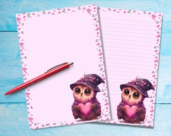 Heart Owl A5 letter writing paper, Penpal stationery supplies lined or unlined single sheets, Pretty notepaper with/without lines