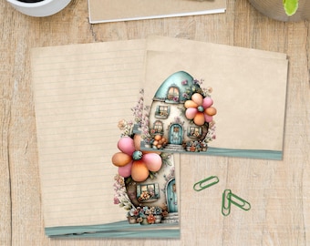 May include: Stationery set featuring a whimsical illustration of a fairy house with a teal roof, blue door, and large flower accents. The set includes lined paper and blank cards, perfect for writing letters or notes. The stationery is decorated with floral elements.