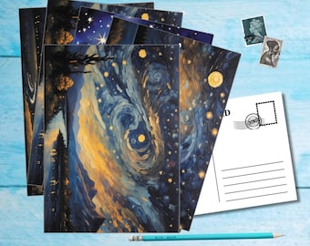 SET of 5 Starry Landscape Postcard, A6 size beautifully illustrated postcard for post crossing, Art print postcard for framing