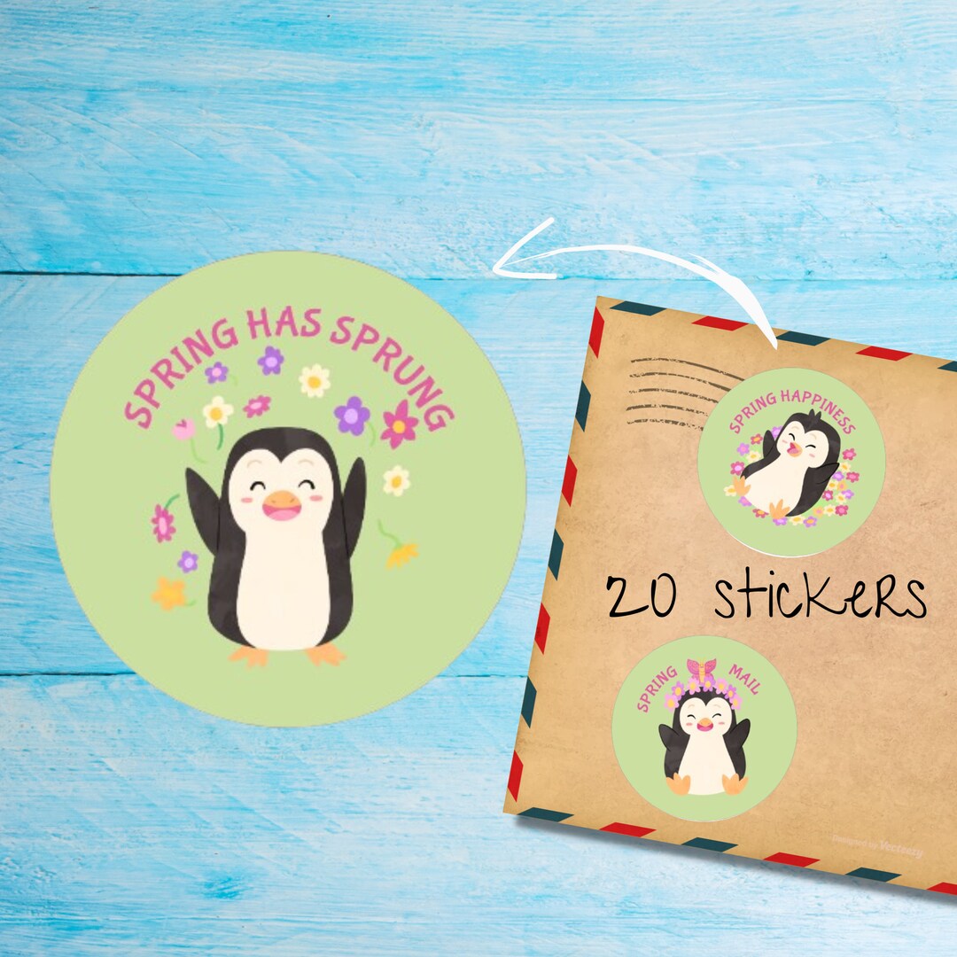 Penguins in Spring Stickers Pack, Cute Individually Cut Round Matte ...