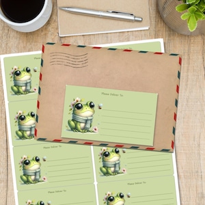 Op de afbeelding: Een briefpapierset met een kikkerillustratie. De groene kikker heeft grote ogen, een sjaal en een bloemenkrans. De set bevat een grote envelop, een kleinere kaart en adresetiketten, allemaal met de tekst "Please Deliver To:" erop.
