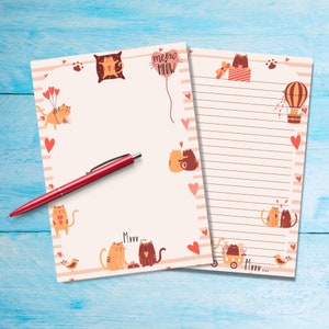 Papel para cartas A5 con gatos enamorados, suministros para amigos por correspondencia, hojas de papelería con o sin líneas, lindo papel para notas con o sin líneas