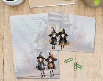 Briefpapierset Witchy Trick or Treat, briefpapier van A5-formaat met bijpassende enveloppen, benodigdhedenset voor penvrienden, gelinieerde/ongevoerde vellen