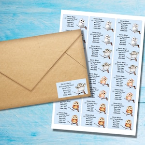 Buho Owl self adhesive return address labels, 24 labels per sheet, 63.5 x 33.9 mm rectangular stickers with rounded corners