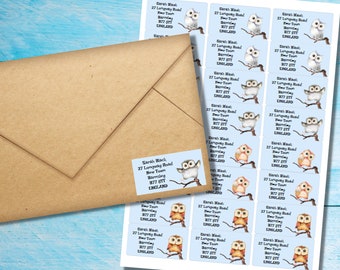 Buho Owl self adhesive return address labels, 24 labels per sheet, 63.5 x 33.9 mm rectangular stickers with rounded corners