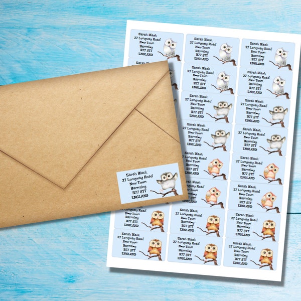 Étiquettes d’adresse de retour autocollantes Buho Owl, 24 étiquettes par feuille, autocollants rectangulaires de 63,5 x 33,9 mm avec coins arrondis