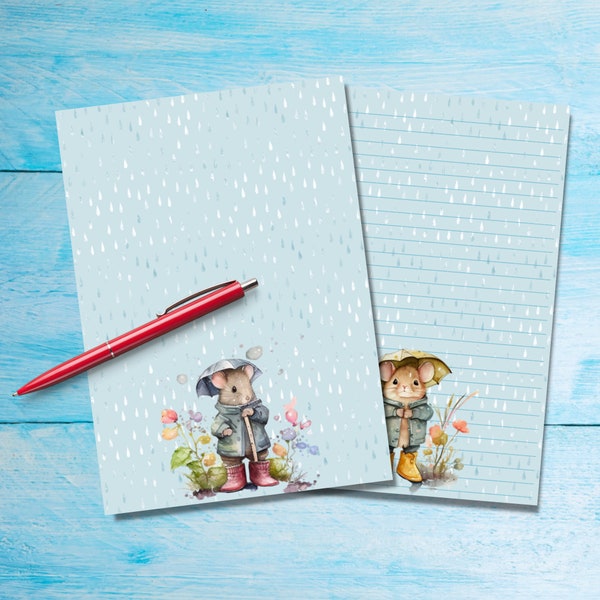 April Showers A5 letter writing paper, Pen pal supplies, Stationery lined or unlined letter sheets, Cute notepaper with or without lines