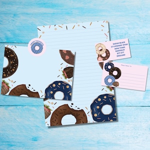 Kit di lettere per posta ordinaria/penpal coordinato Donuts Border, carta da lettere A5, buste, etichette per indirizzi, etichette PDT, adesivi rotondi per posta felice