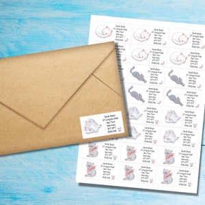 Lazy Cat self adhesive return address labels, 24 labels per sheet, 63.5 x 33.9 mm rectangular stickers with rounded corners