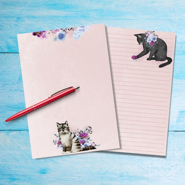 Spring Cats A5 letter writing paper, Penpal stationery supplies lined or unlined single sheets, Watercolour notepaper with / without lines