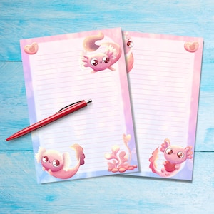 Cute Axolotl A5 lined letter writing paper, Stationery lined notepaper sheets, Pen pal supplies, Girls gift for letter writing with lines