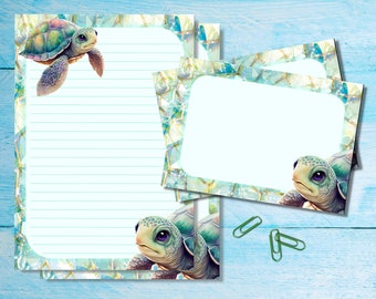 Sea Turtle A5 letter writing stationery set, Cute penpal supplies, Snail mail kit, Lined or unlined sheets with matching envelopes
