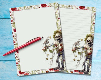 Floral Zombie A5 letter writing paper, Pen pal supplies, Stationery lined or unlined note sheets, Cute notepaper with or without lines