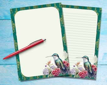 Hummingbird A5 letter writing paper, Pen pal supplies, Stationery lined or unlined letter sheets, Cute notepaper with or without lines