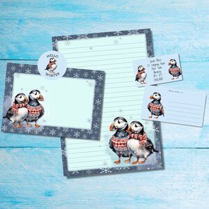 Kit di lettere per posta ordinaria/penpal coordinato Winter Puffin, carta da lettere A5, buste, etichette per indirizzi, etichette PDT, adesivi rotondi per posta felice