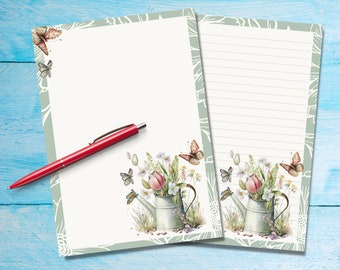 Floral Wateringcan A5 letter writing paper, Pen pal supplies, Stationery lined or unlined sheets, Cute notepaper with or without lines