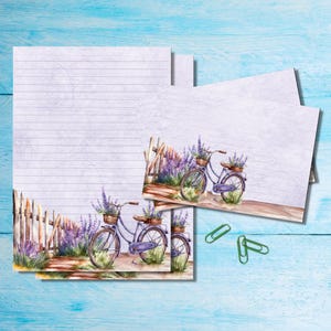 Conjunto de papelaria para escrever cartas Lavender Bicycle A5, pacote de suprimentos para amigos por correspondência fofos, kit de correio com folhas A5 combinando, envelopes e adesivos