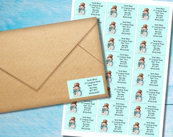 Snowman self adhesive return address labels, 24 labels per sheet, 63.5 x 33.9 mm rectangular stickers with rounded corners