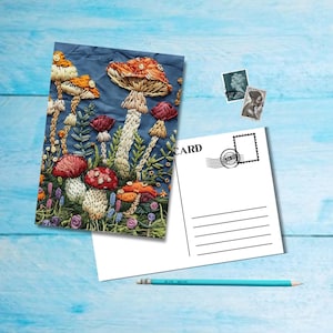 Embroidered Mushrooms (no. 1), A6 size postcard with rounded corners, beautiful illustrated postcrossing single postcard 14.8 cm x 10.5 cm