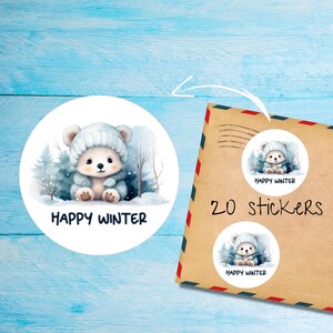 Paquete de pegatinas de oso de invierno feliz, lindas etiquetas de correo feliz redondas mate cortadas individualmente, suministros para amigos por correspondencia para decorar sobres