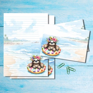 Conjunto de papelaria Beach Sloth, papel de carta A5 com envelopes combinando, kit de suprimentos para amigos por correspondência, folhas pautadas/sem pauta