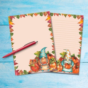 Papel para escribir cartas tamaño A5 con diseño de gnomo de otoño, suministros para amigos por correspondencia, hojas de cartas rayadas o sin rayar, lindo papel de notas con o sin líneas