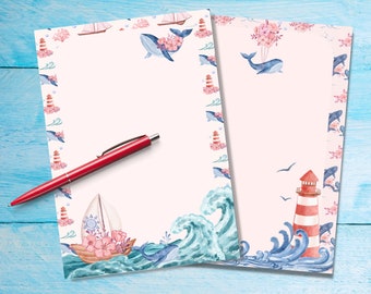 Floral Whales A5 letter writing paper, pen pal supplies, Decorated stationery letter sheets, Notepaper for handwritten letters,