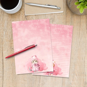 Pink Winter Kittens A5 letter writing paper, Pen pal supplies, Stationery lined or unlined note sheets, Cute notepaper with or without lines