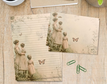 May include: Stationery set featuring vintage illustrations of women and children in dresses, with butterflies and floral accents. The set includes lined paper and cards, perfect for letters or notes. The color palette is soft, with beige and muted pink tones.
