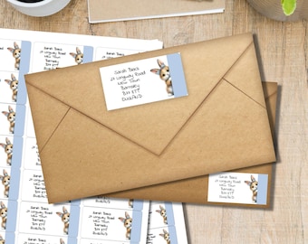 May include: Kraft paper envelopes with address labels featuring a cartoon bunny peeking from behind a light blue border. The labels include a name, address, and the word ENGLAND.