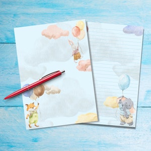 Papel para escribir cartas tamaño A5 con animales y globos, suministros para amigos por correspondencia, hojas rayadas o sin rayar, lindo papel para notas con o sin líneas