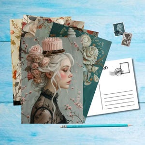 SET von 5 Mädchen in Hüte Postkarte, A6 Größe wunderschön illustrierte Postkarte für Post Crossing, Kunstdruck Postkarte zum Einrahmen