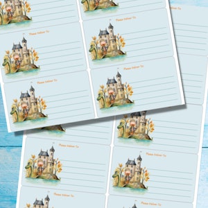 May include: A set of printable labels featuring a watercolor illustration of a castle, a dragon, and a knight. The labels have lines for writing "Please Deliver To:" and are perfect for gift tags or party favors.