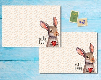 Rabbit With Love - pack of 5 or 10 envelopes, Snailmail pre decorated envelopes for penpals letters