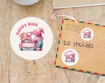 Rose Chic Gnome-stickers, pak van 20 individueel gesneden ronde, mat, leuke decoratieve etiketten voor postzegels voor post, penvriend poststickers