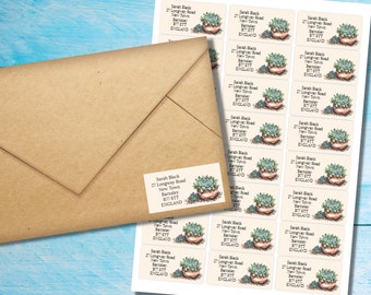 Potted Succulent self adhesive return address labels, 24 labels per sheet, 63.5 x 33.9 mm rectangular stickers with rounded corners