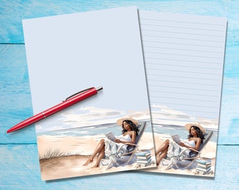 Reading at the Beach A5 letter writing paper, Pen pal supplies, Stationery lined or unlined letter sheets, Cute notepaper with/without lines