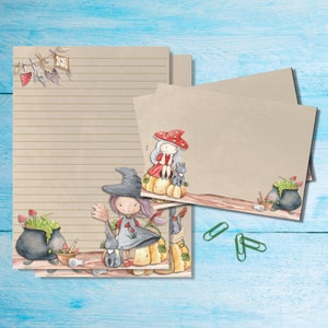 Lindo juego de papelería para escribir cartas de brujas (tamaño A5), suministros espeluznantes para amigos por correspondencia, correo postal, hojas rayadas o sin rayar con sobres y pegatinas a juego.