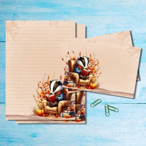 Juego de papelería Cozy Badger, papel para cartas tamaño A5 y sobres a juego, kit de suministros para amigos por correspondencia, hojas rayadas o sin rayar para correo postal