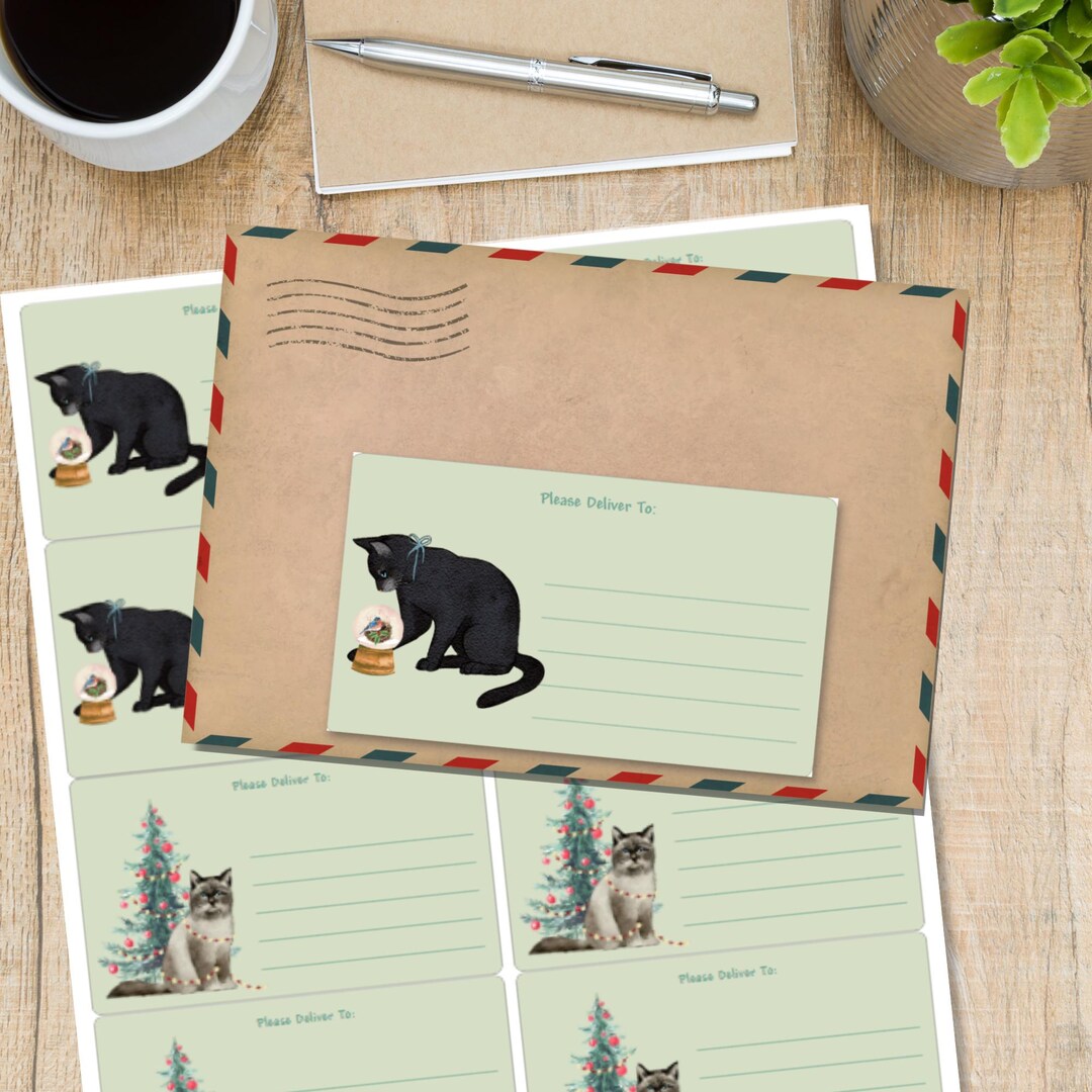 Cat Labels Paper Festive Cats Self Adhesive Please Deliver To.. Labels, 10 Labels per ...
